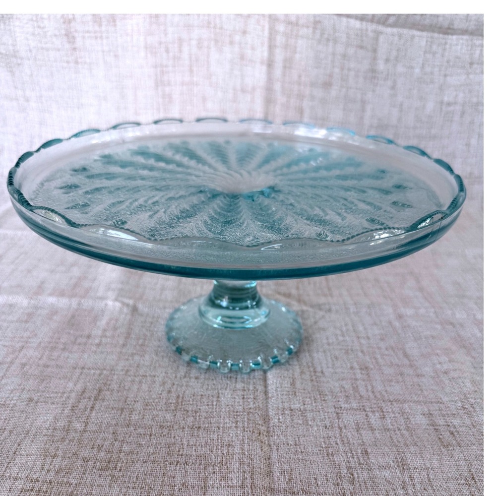 Jeannette Glass Feather Pattern Cake Stand Ice Blue Excellent 50s Vintage